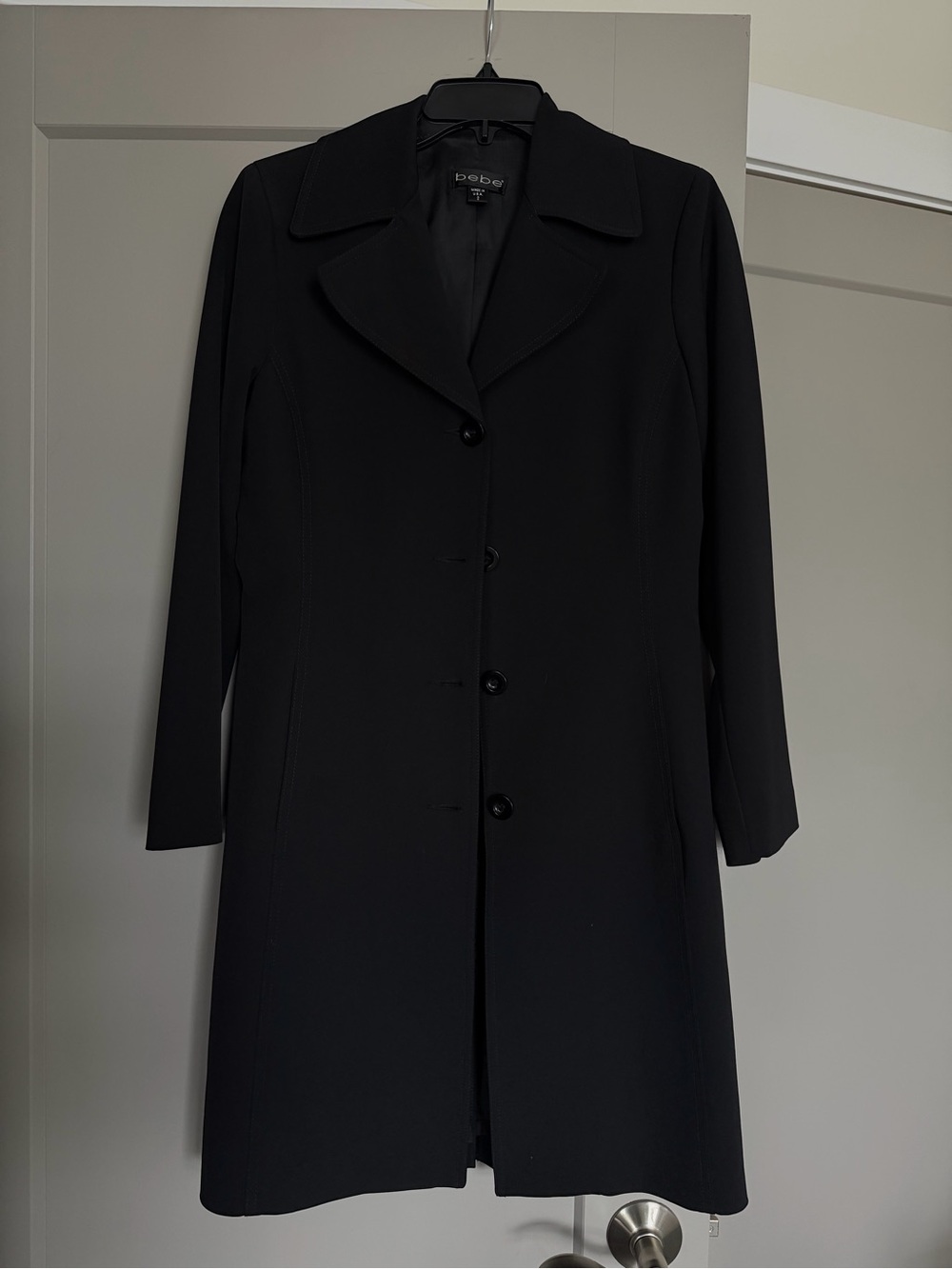 bebe Black Long Trench Coat with Notch Collar